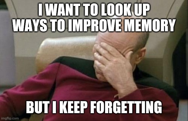 Even More Memory Struggles | I WANT TO LOOK UP WAYS TO IMPROVE MEMORY; BUT I KEEP FORGETTING | image tagged in memes,captain picard facepalm | made w/ Imgflip meme maker