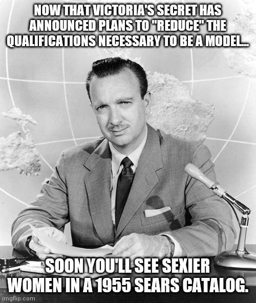 Strange times we live in.... | NOW THAT VICTORIA'S SECRET HAS ANNOUNCED PLANS TO "REDUCE" THE QUALIFICATIONS NECESSARY TO BE A MODEL... SOON YOU'LL SEE SEXIER WOMEN IN A 1955 SEARS CATALOG. | image tagged in newsflash,underwear,model,modern problems | made w/ Imgflip meme maker