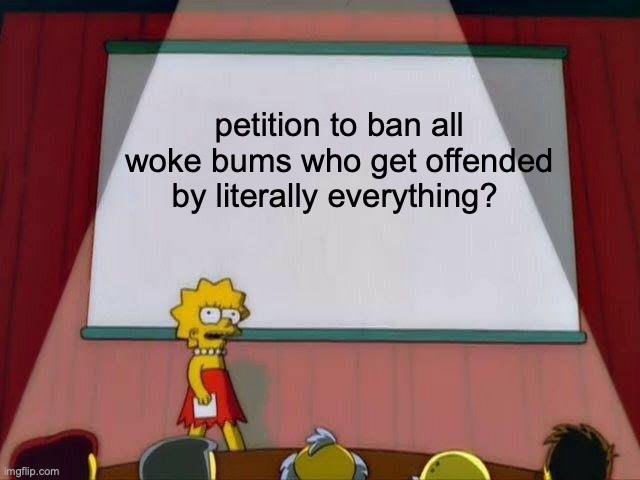 And I mean LITERALLY everything. Like, if a bird flew by them, they'd be offended by that. You get my drift? | petition to ban all woke bums who get offended by literally everything? | image tagged in lisa simpson's presentation,woke bums suck | made w/ Imgflip meme maker