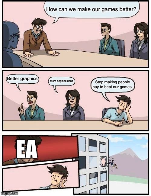 Boardroom Meeting Suggestion | How can we make our games better? Better graphics; More original ideas; Stop making people pay to beat our games; EA | image tagged in memes,boardroom meeting suggestion,gaming | made w/ Imgflip meme maker