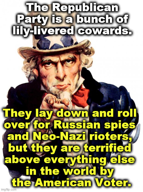 Registered voters should be able to vote. | The Republican Party is a bunch of lily-livered cowards. They lay down and roll 
over for Russian spies 
and Neo-Nazi rioters, 
but they are terrified 
above everything else 
in the world by 
the American Voter. | image tagged in memes,uncle sam,russians,neo-nazis,voters | made w/ Imgflip meme maker