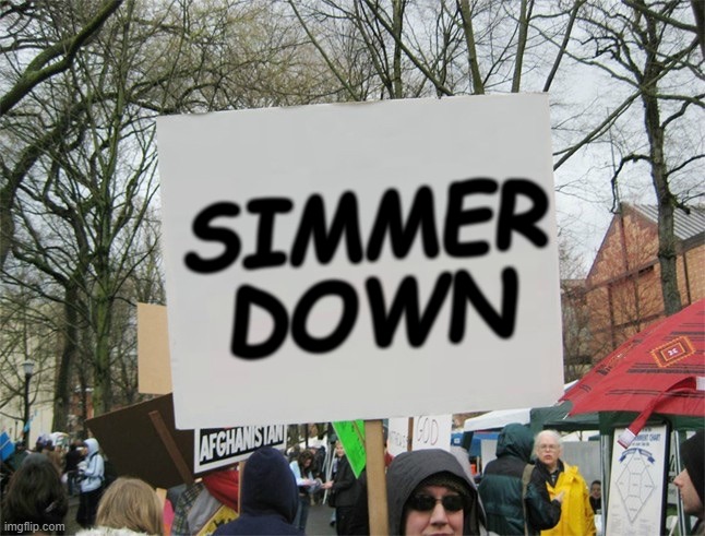 i mean c'mon | SIMMER DOWN | image tagged in blank protest sign | made w/ Imgflip meme maker