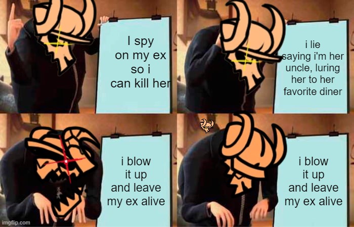 Tabi's Plan in a Nutshell | I spy on my ex so i can kill her; i lie saying i'm her uncle, luring her to her favorite diner; i blow it up and leave my ex alive; i blow it up and leave my ex alive | image tagged in memes,gru's plan | made w/ Imgflip meme maker