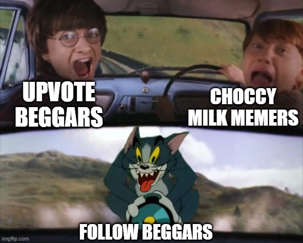 I R O N I C | CHOCCY MILK MEMERS; UPVOTE BEGGARS; FOLLOW BEGGARS | image tagged in tom chasing harry and ron weasly | made w/ Imgflip meme maker