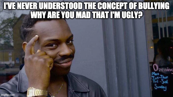 Roll Safe Think About It Meme | I'VE NEVER UNDERSTOOD THE CONCEPT OF BULLYING
WHY ARE YOU MAD THAT I'M UGLY? | image tagged in memes,roll safe think about it | made w/ Imgflip meme maker