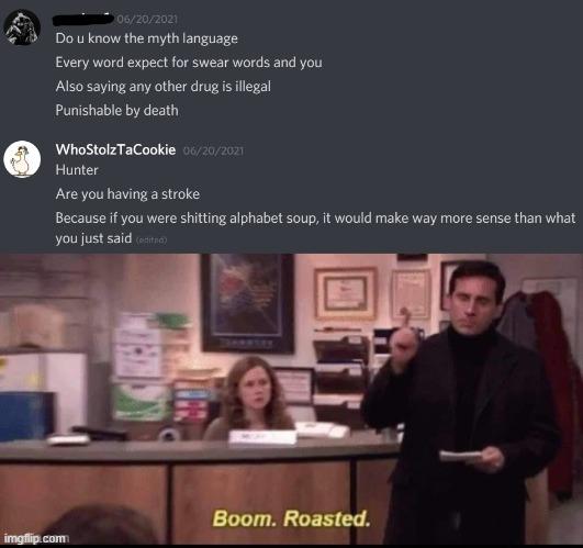 boom | image tagged in boom roasted,michael scott,memes,discord | made w/ Imgflip meme maker