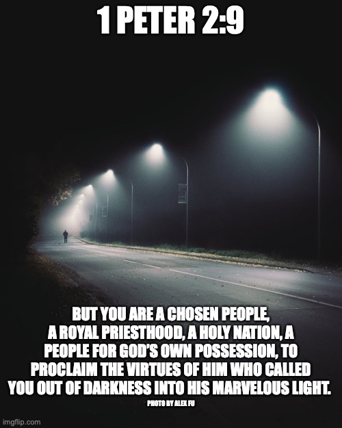 The Redeemed | 1 PETER 2:9; BUT YOU ARE A CHOSEN PEOPLE, A ROYAL PRIESTHOOD, A HOLY NATION, A PEOPLE FOR GOD’S OWN POSSESSION, TO PROCLAIM THE VIRTUES OF HIM WHO CALLED YOU OUT OF DARKNESS INTO HIS MARVELOUS LIGHT. PHOTO BY ALEX FU | image tagged in child of god | made w/ Imgflip meme maker