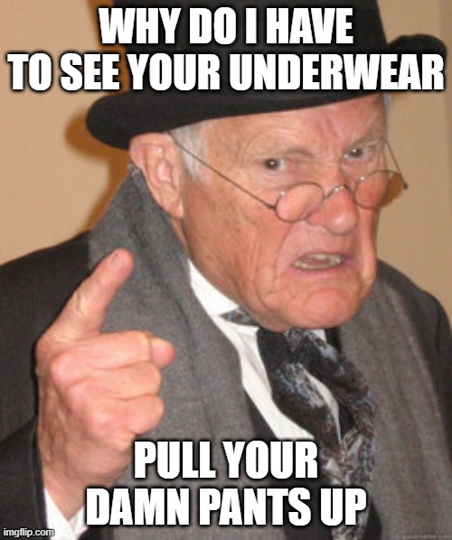 it's called UNDERwear | WHY DO I HAVE TO SEE YOUR UNDERWEAR; PULL YOUR DAMN PANTS UP | image tagged in memes,back in my day | made w/ Imgflip meme maker