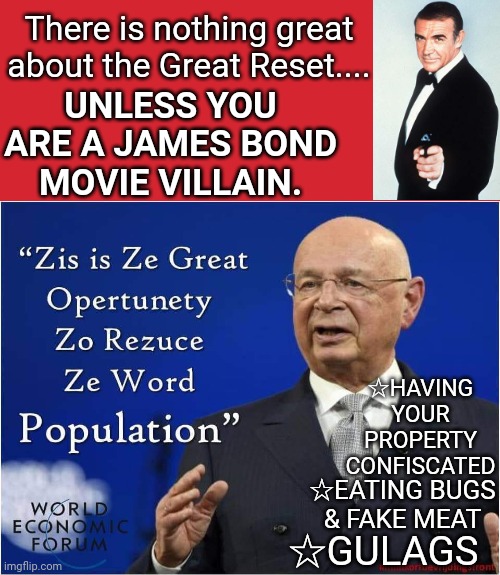 Real life Blofeld | There is nothing great about the Great Reset.... UNLESS YOU ARE A JAMES BOND MOVIE VILLAIN. ☆HAVING YOUR PROPERTY CONFISCATED; ☆EATING BUGS & FAKE MEAT; ☆GULAGS | image tagged in memes | made w/ Imgflip meme maker