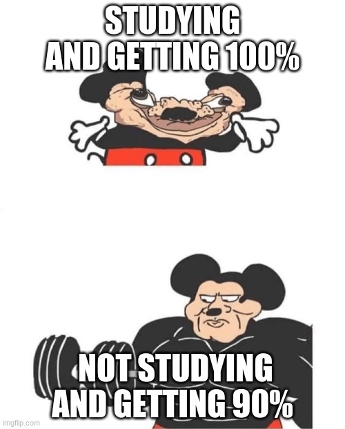 Strong Mickey Mouse | STUDYING AND GETTING 100%; NOT STUDYING AND GETTING 90% | image tagged in strong mickey mouse | made w/ Imgflip meme maker
