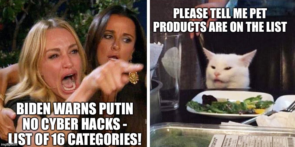 Biden warns Putin No Cyber Attacks on 16 Categories | PLEASE TELL ME PET PRODUCTS ARE ON THE LIST; BIDEN WARNS PUTIN NO CYBER HACKS - LIST OF 16 CATEGORIES! | image tagged in smudge the cat,biden,putin,cyber hacks | made w/ Imgflip meme maker