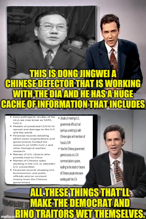 Top CCP Defector | THIS IS DONG JINGWEI A CHINESE DEFECTOR THAT IS WORKING WITH THE DIA AND HE HAS A HUGE CACHE OF INFORMATION THAT INCLUDES; ALL THESE THINGS THAT'LL MAKE THE DEMOCRAT AND RINO TRAITORS WET THEMSELVES. | image tagged in communism,joe biden,election fraud,vaccines,trump 2020 | made w/ Imgflip meme maker