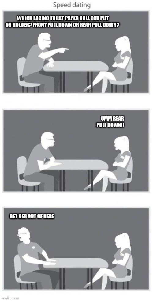 Toilet paper placing | WHICH FACING TOILET PAPER ROLL YOU PUT ON HOLDER? FRONT PULL DOWN OR REAR PULL DOWN? UMM REAR PULL DOWN!! GET HER OUT OF HERE | image tagged in speed dating | made w/ Imgflip meme maker