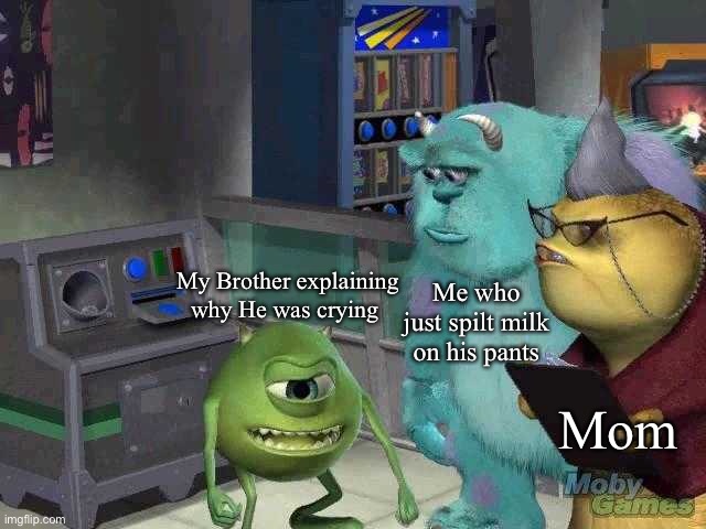 D r a m a | Me who just spilt milk on his pants; My Brother explaining why He was crying; Mom | image tagged in mike wazowski trying to explain | made w/ Imgflip meme maker