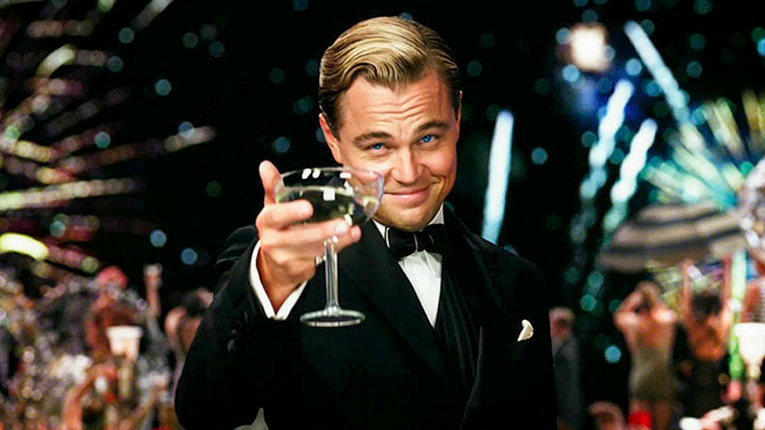Leo Decaprio Toasting Cheers Salute with a Glass of Champagne 4K Blank Meme Template