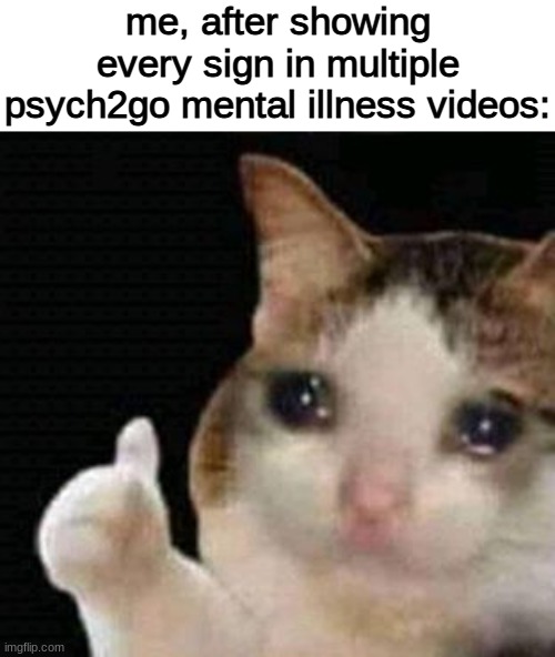 i am mildly being killed by stress, emotionally wounded, and severely depressed, and that's correct actually | me, after showing every sign in multiple psych2go mental illness videos: | image tagged in sad thumbs up cat | made w/ Imgflip meme maker