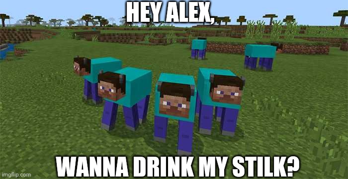 me and the boys | HEY ALEX, WANNA DRINK MY STILK? | image tagged in me and the boys | made w/ Imgflip meme maker