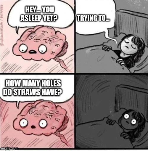Trying to sleep | TRYING TO... HEY... YOU ASLEEP YET? HOW MANY HOLES DO STRAWS HAVE? | image tagged in trying to sleep | made w/ Imgflip meme maker