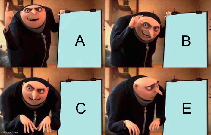 I don’t think gru know’s his alphabet well | A; B; C; E | image tagged in memes,gru's plan | made w/ Imgflip meme maker