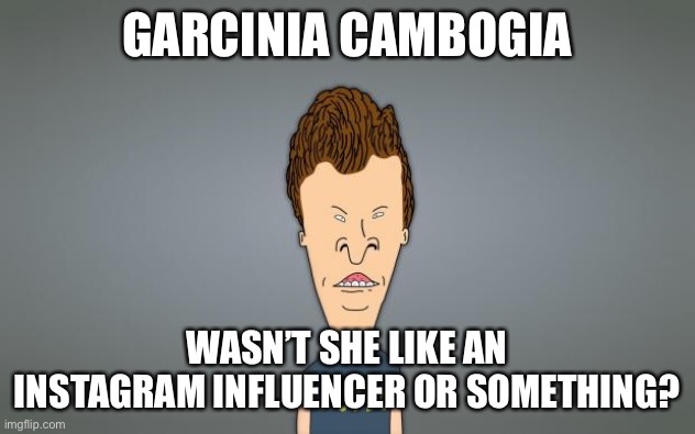 Butthead | GARCINIA CAMBOGIA; WASN’T SHE LIKE AN INSTAGRAM INFLUENCER OR SOMETHING? | image tagged in butthead | made w/ Imgflip meme maker