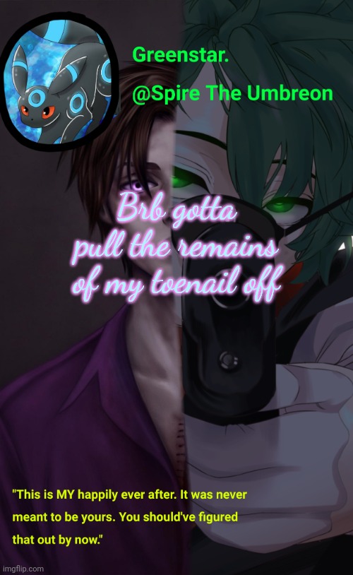 Villian Deku / Mike Afton temp | Brb gotta pull the remains of my toenail off | image tagged in villian deku / mike afton temp | made w/ Imgflip meme maker