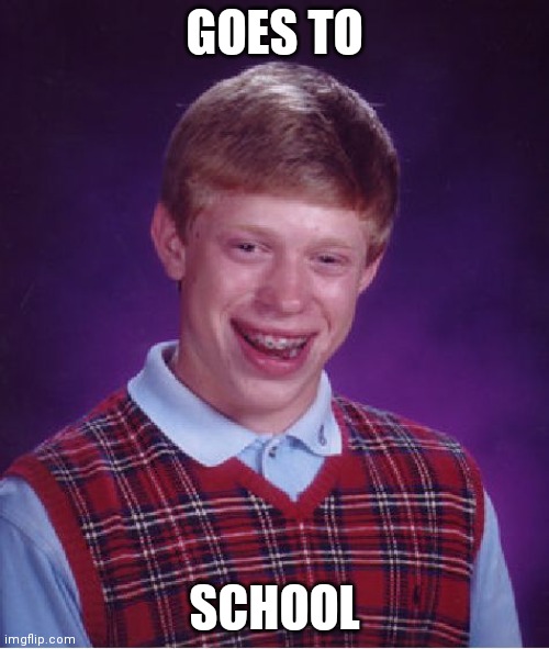 I hate school, so i made this with my last 2 brain cells | GOES TO; SCHOOL | image tagged in memes,bad luck brian | made w/ Imgflip meme maker