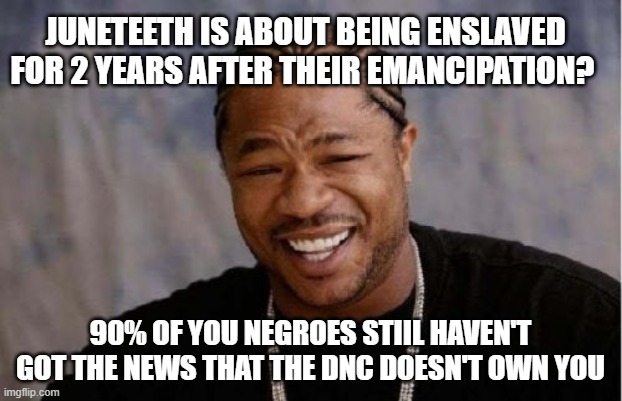 Yo Dawg Heard You |  JUNETEETH IS ABOUT BEING ENSLAVED FOR 2 YEARS AFTER THEIR EMANCIPATION? 90% OF YOU NEGROES STIIL HAVEN'T GOT THE NEWS THAT THE DNC DOESN'T OWN YOU | image tagged in memes,yo dawg heard you | made w/ Imgflip meme maker