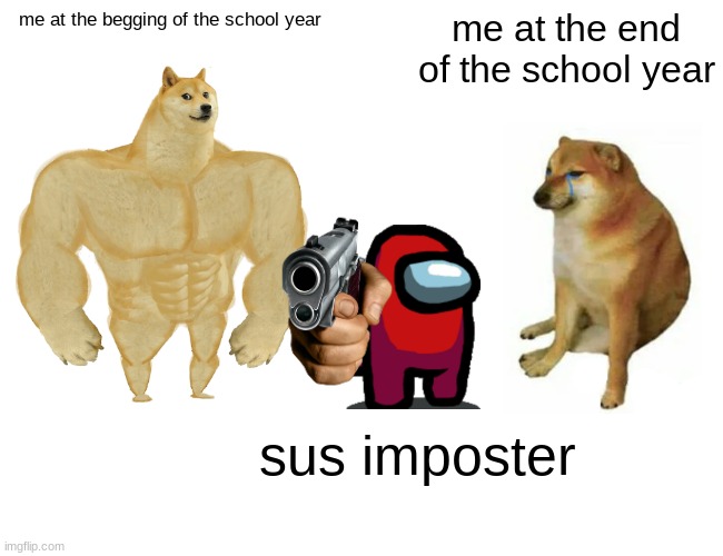 Buff Doge vs. Cheems | me at the begging of the school year; me at the end of the school year; sus imposter | image tagged in memes,buff doge vs cheems | made w/ Imgflip meme maker