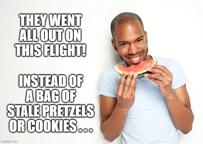 THEY WENT ALL OUT ON THIS FLIGHT! INSTEAD OF A BAG OF STALE PRETZELS OR COOKIES . . . | made w/ Imgflip meme maker