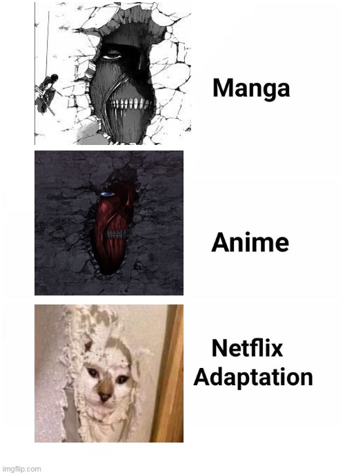 Manga, Anime, Netflix adaption | image tagged in manga anime netflix adaption,attack on titan,aot,cat on a wall,titan in wall,titan in a wall | made w/ Imgflip meme maker
