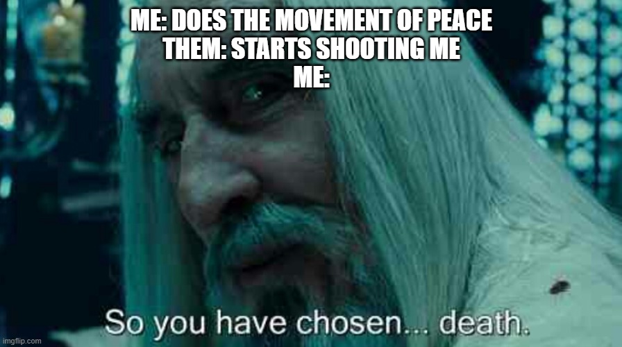 die, you ungrateful brat!!!!! | ME: DOES THE MOVEMENT OF PEACE
THEM: STARTS SHOOTING ME
ME: | image tagged in so you have chosen death,peace,die | made w/ Imgflip meme maker