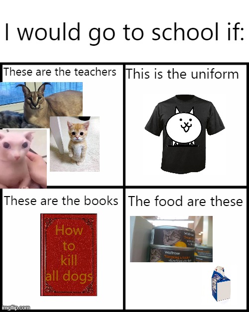 I would go to school if: | I would go to school if:; These are the teachers; This is the uniform; These are the books; The food are these; How to kill all dogs | image tagged in blank drake format,cats,memes | made w/ Imgflip meme maker