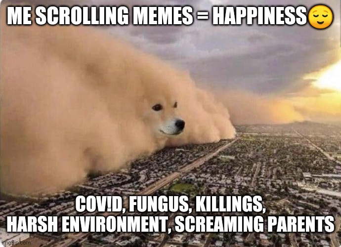Doge cloud | ME SCROLLING MEMES = HAPPINESS😌; COV!D, FUNGUS, KILLINGS, HARSH ENVIRONMENT, SCREAMING PARENTS | image tagged in doge cloud | made w/ Imgflip meme maker