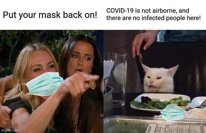 People threatening you to put on your face mask in a nutshell | Put your mask back on! COVID-19 is not airborne, and there are no infected people here! | image tagged in woman yelling at cat | made w/ Imgflip meme maker