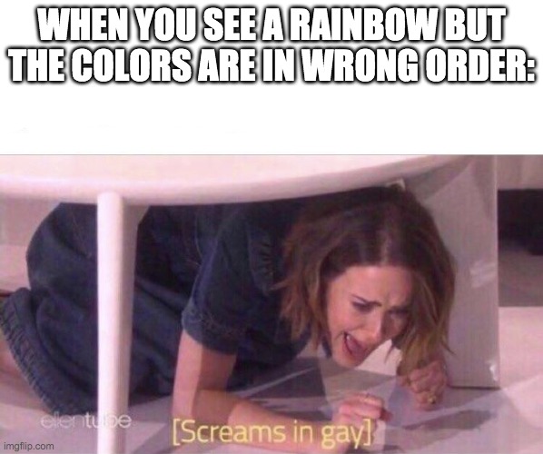 Screams in gay | WHEN YOU SEE A RAINBOW BUT THE COLORS ARE IN WRONG ORDER: | image tagged in screams in gay | made w/ Imgflip meme maker