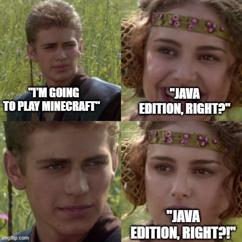 java ,right? | "JAVA EDITION, RIGHT?"; "I'M GOING TO PLAY MINECRAFT"; "JAVA EDITION, RIGHT?!" | image tagged in for the better right blank | made w/ Imgflip meme maker