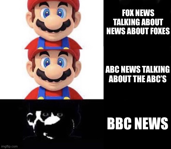 Image title | FOX NEWS TALKING ABOUT NEWS ABOUT FOXES; ABC NEWS TALKING ABOUT THE ABC’S; BBC NEWS | image tagged in mario dark three panel | made w/ Imgflip meme maker