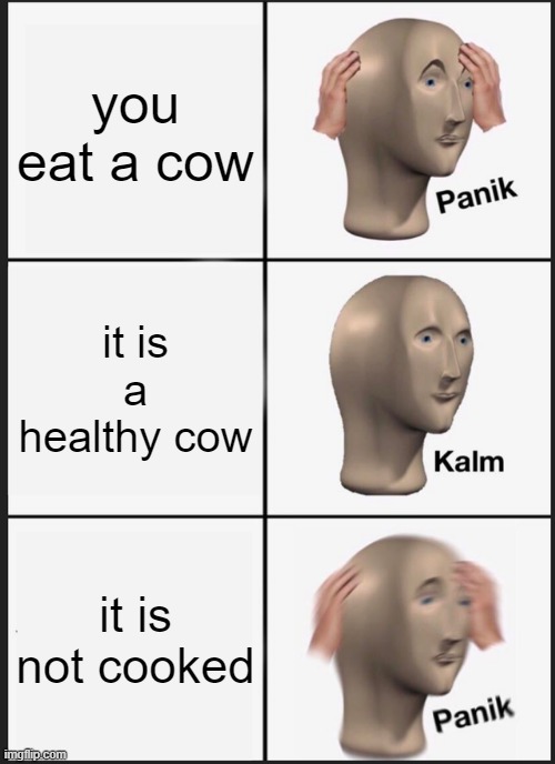 cow | you eat a cow; it is a healthy cow; it is not cooked | image tagged in memes,panik kalm panik | made w/ Imgflip meme maker