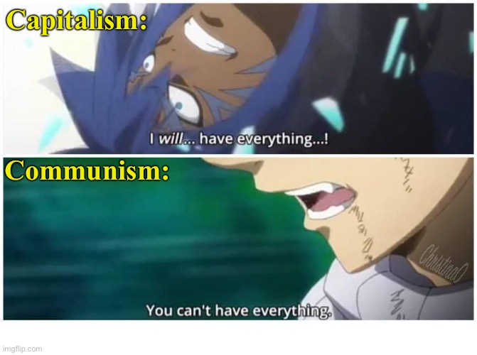 Communism and Capitalism For Dummies - Fairy Tail Meme | Capitalism:; Communism: | image tagged in memes,for dummies,fairy tail,fairy tail meme,natsu fairytail,capitalist and communist | made w/ Imgflip meme maker