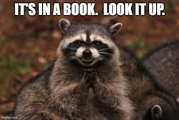 Evil racoon | IT'S IN A BOOK.  LOOK IT UP. | image tagged in evil racoon | made w/ Imgflip meme maker