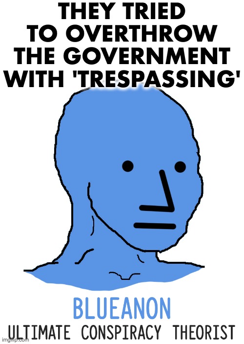 blueanon | THEY TRIED TO OVERTHROW THE GOVERNMENT WITH 'TRESPASSING' | image tagged in blueanon | made w/ Imgflip meme maker