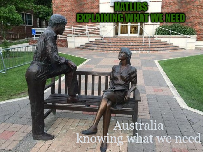natlibs mainsplaining | NATLIBS EXPLAINING WHAT WE NEED; Australia knowing what we need | image tagged in mansplaining,natlibs,voteforward,liberals,nationals | made w/ Imgflip meme maker