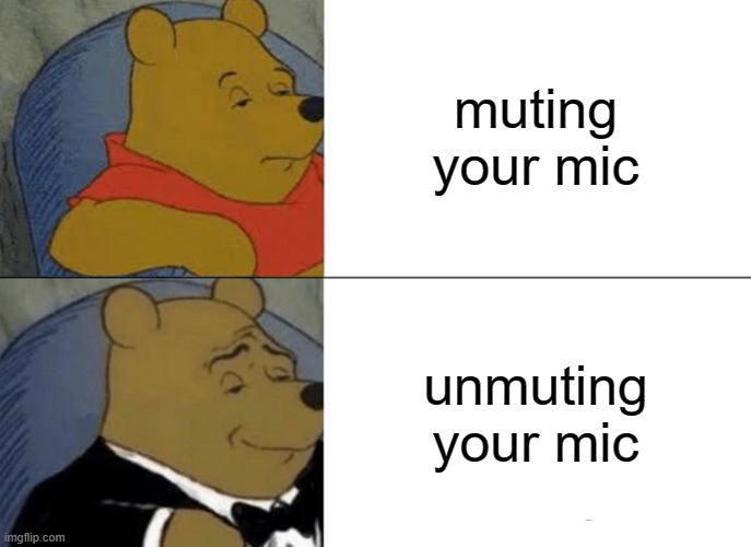 Tuxedo Winnie The Pooh | muting your mic; unmuting your mic | image tagged in memes,tuxedo winnie the pooh | made w/ Imgflip meme maker