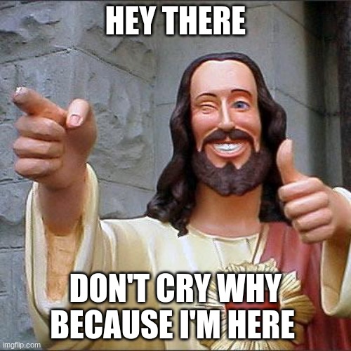Buddy Christ | HEY THERE; DON'T CRY WHY BECAUSE I'M HERE | image tagged in memes,buddy christ | made w/ Imgflip meme maker