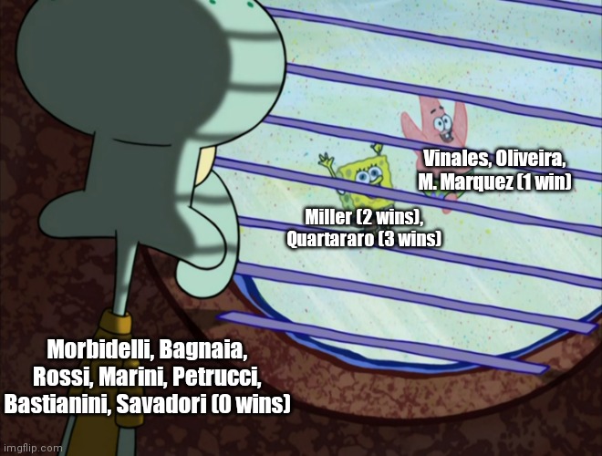 After Sachsenring | Vinales, Oliveira, M. Marquez (1 win); Miller (2 wins), Quartararo (3 wins); Morbidelli, Bagnaia, Rossi, Marini, Petrucci, Bastianini, Savadori (0 wins) | image tagged in funny memes | made w/ Imgflip meme maker