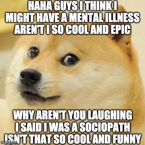 /s because some people are unable to understand satire | HAHA GUYS I THINK I MIGHT HAVE A MENTAL ILLNESS AREN'T I SO COOL AND EPIC; WHY AREN'T YOU LAUGHING I SAID I WAS A SOCIOPATH ISN'T THAT SO COOL AND FUNNY | image tagged in wow doge | made w/ Imgflip meme maker