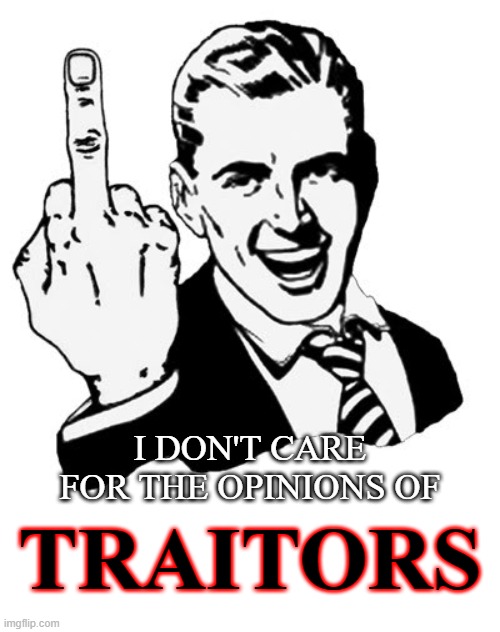 1950s Middle Finger Meme | I DON'T CARE FOR THE OPINIONS OF TRAITORS | image tagged in memes,1950s middle finger | made w/ Imgflip meme maker