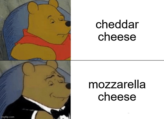 Tuxedo Winnie The Pooh Meme | cheddar cheese; mozzarella cheese | image tagged in memes,tuxedo winnie the pooh | made w/ Imgflip meme maker
