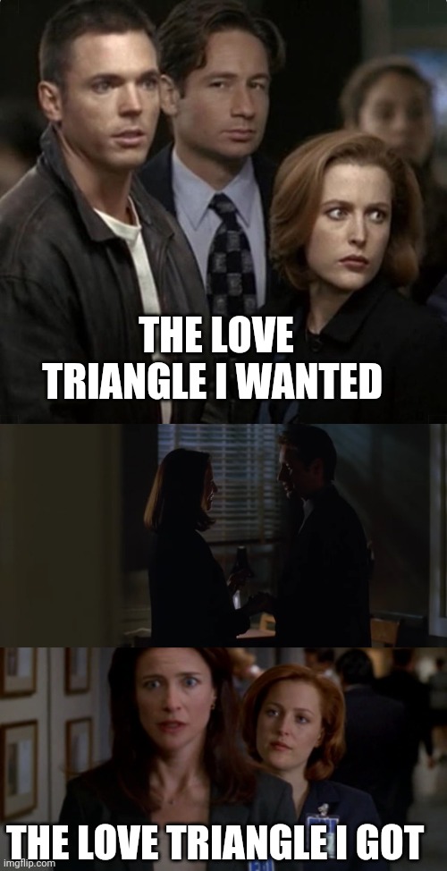 The X-Files love triangle no one asked for | THE LOVE TRIANGLE I WANTED; THE LOVE TRIANGLE I GOT | image tagged in the x-files,fox mulder the x files,x-files,love triangle | made w/ Imgflip meme maker