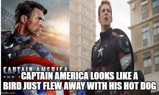 LOL XD | CAPTAIN AMERICA LOOKS LIKE A BIRD JUST FLEW AWAY WITH HIS HOT DOG | image tagged in oh wow are you actually reading these tags,captain america,the avengers | made w/ Imgflip meme maker